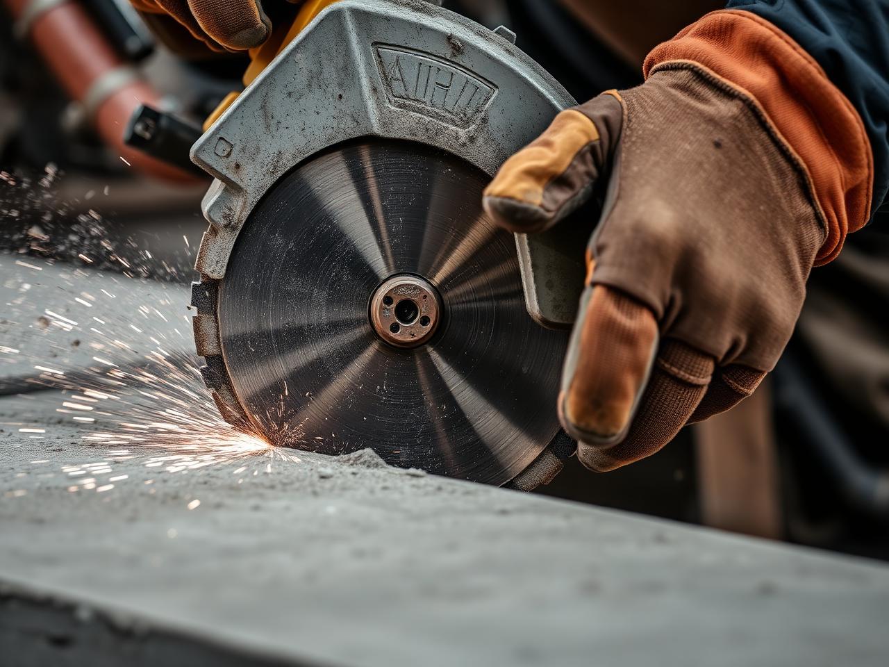 Worker using a diamond blade concrete saw